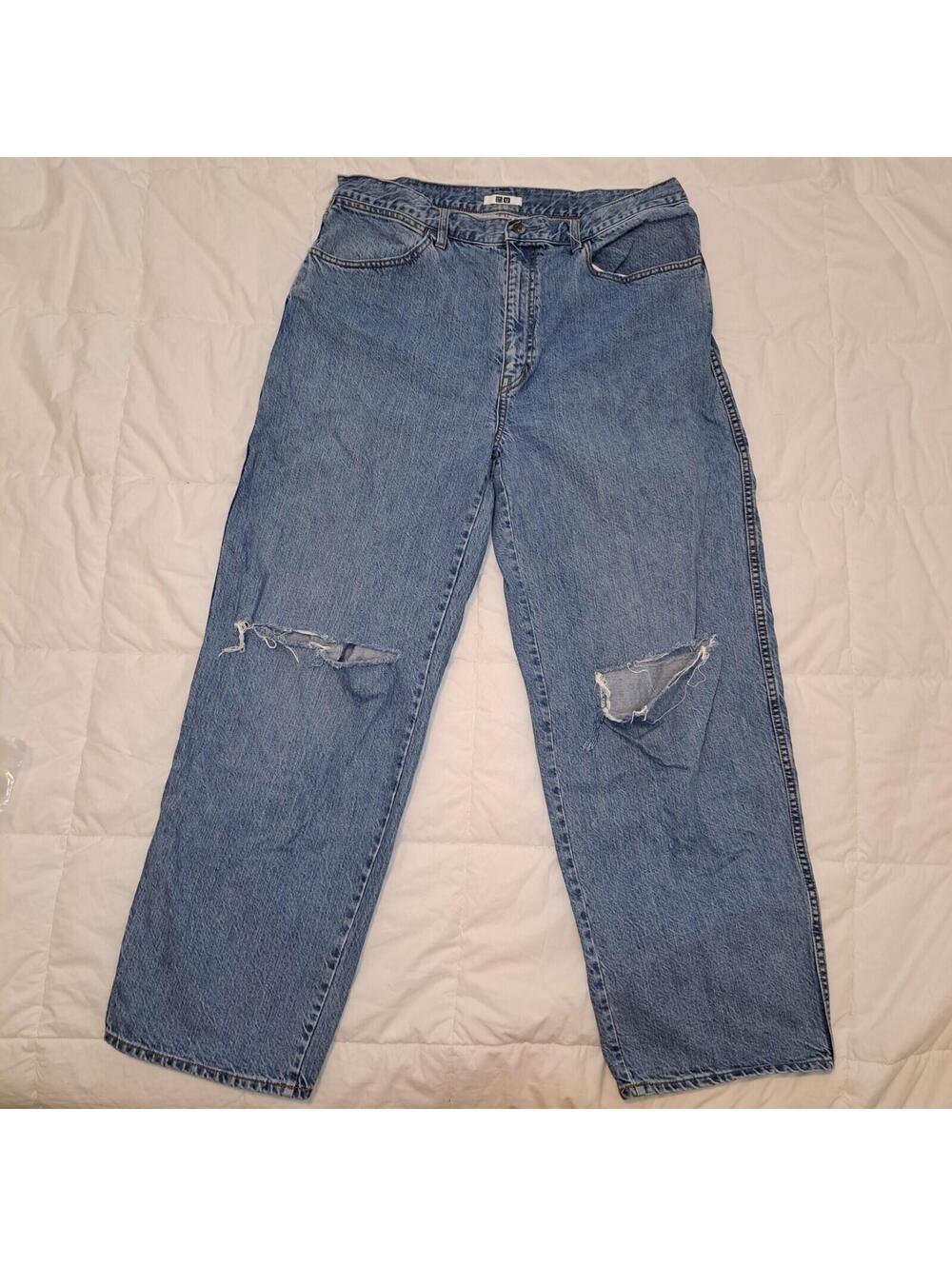 Uniqlo Jeans Mens 34x31 Blue Straight Leg Wide Baggy Fabric Distressed Destroyed